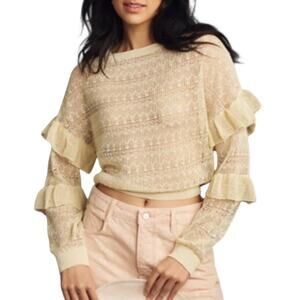 By Anthropologie Sheer Open-Stitch Ruffle Pullover Sweater Cream Size S NWOT